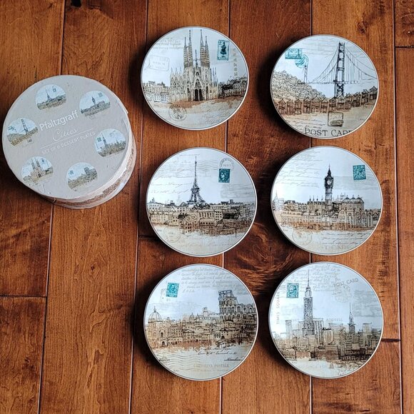 Pfalzgraff Cities Postcard Appetizer Dessert Plate Set of 6 Plates Blue Brown - Picture 1 of 9